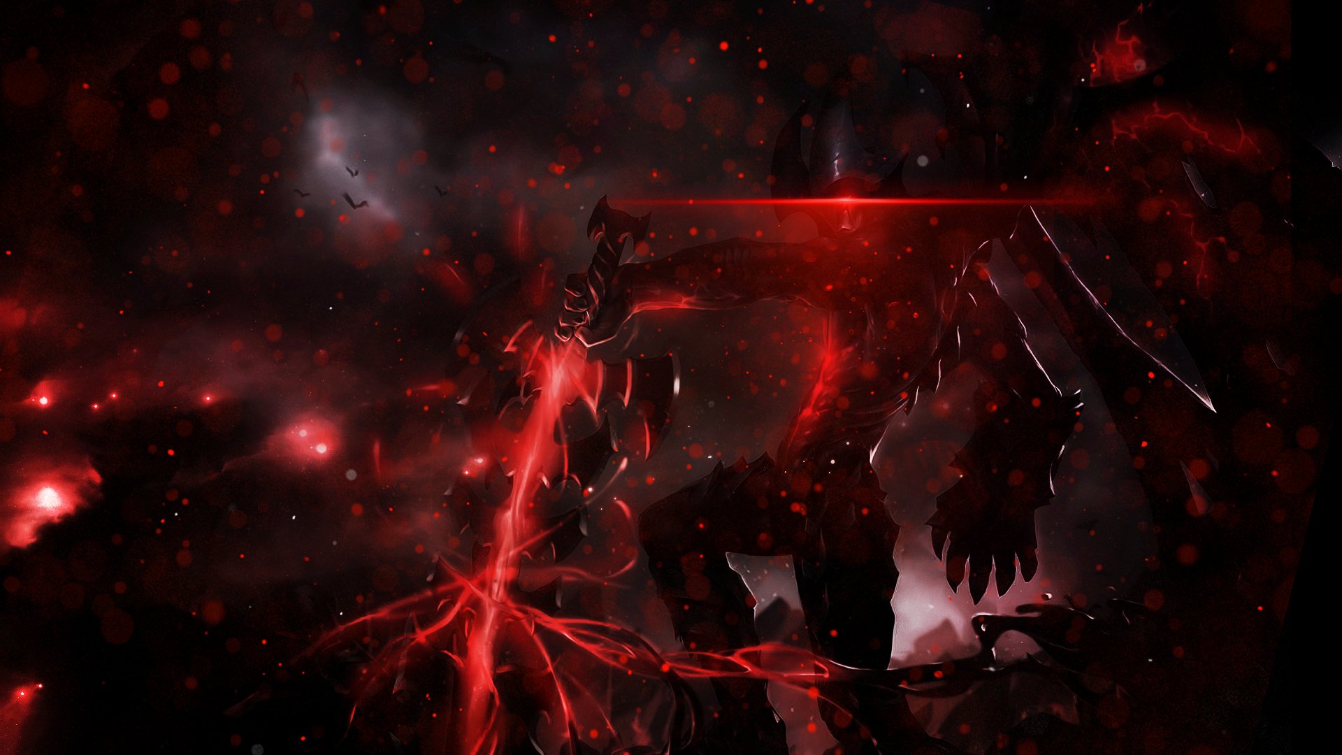 HD PC desktop wallpaper featuring Aatrox from League of Legends with dark, intense red and black tones highlighting the character's menacing presence.