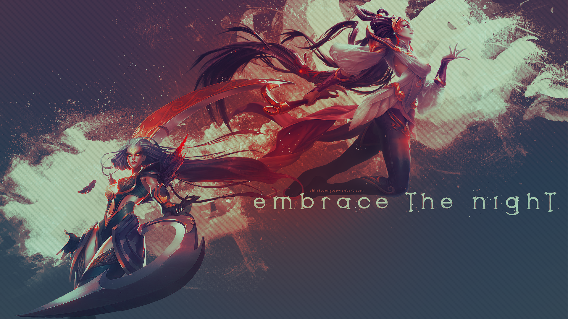 HD PC desktop wallpaper featuring Diana from League of Legends with a dynamic, dark fantasy design and the text embrace The night.