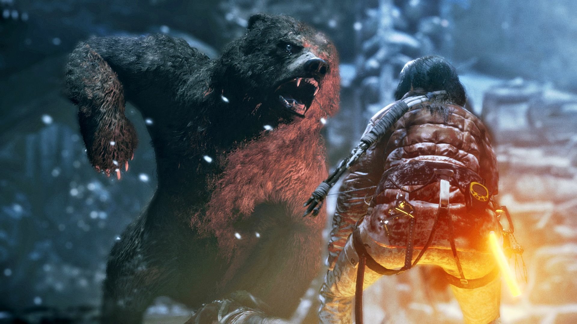 A dramatic scene from Rise of the Tomb Raider featuring Lara Croft facing a massive bear in a snowy environment, creating an intense atmosphere for HD desktop wallpaper.