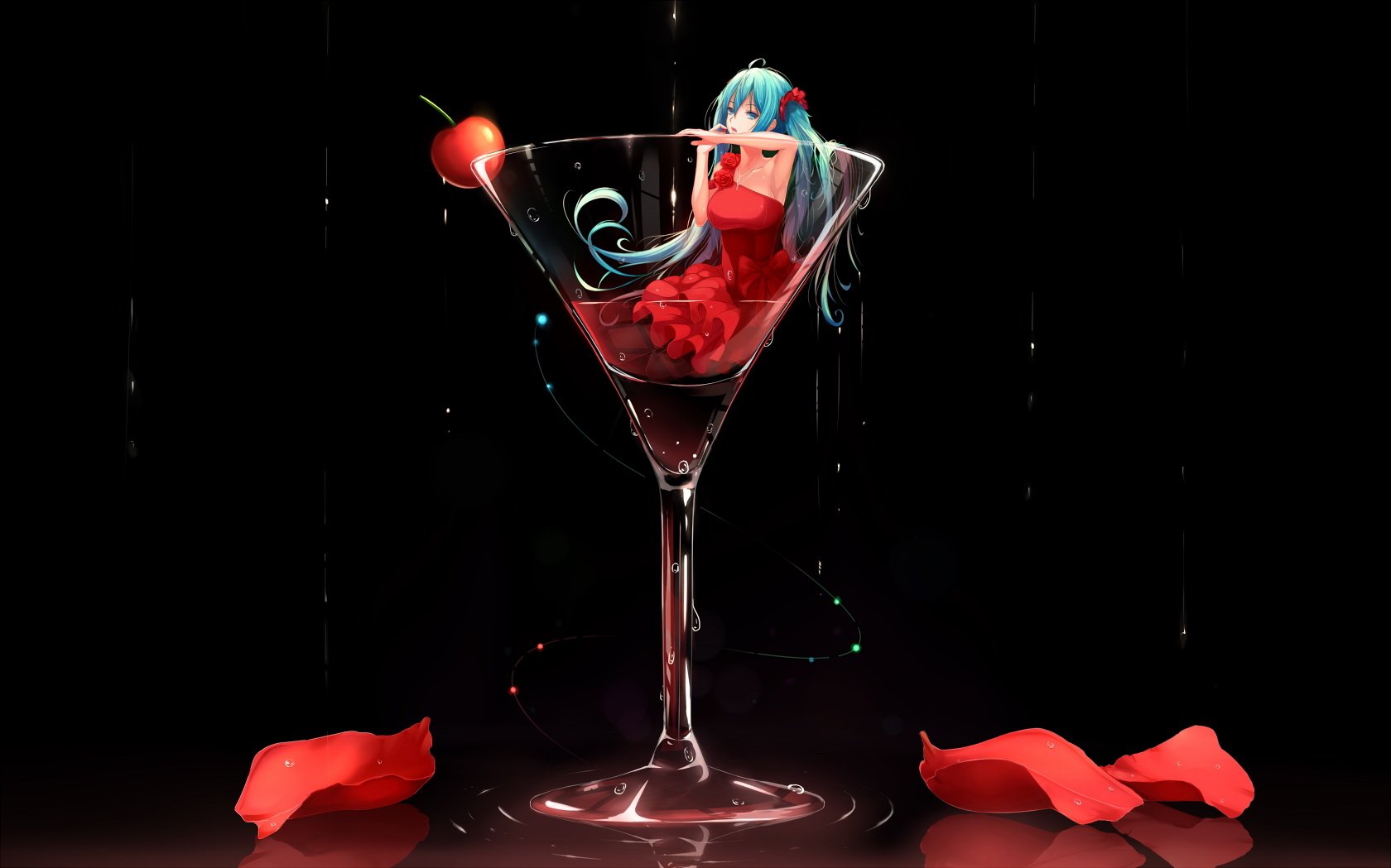 A vibrant HD wallpaper featuring Hatsune Miku, with long blue hair and blue eyes, elegantly dressed in red, sitting in a glass with a cherry, surrounded by rose petals.