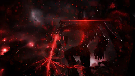HD PC desktop wallpaper featuring Aatrox from League of Legends with dark, intense red and black tones highlighting the character's menacing presence.