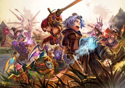 A vibrant HD desktop wallpaper featuring League of Legends champions including Teemo, Pantheon, Lulu, Kha'Zix, Kayle, Katarina, Jax, Miss Fortune, Ezreal, and Elise in an action-packed battle scene.