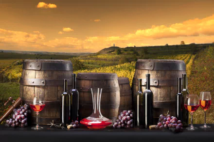 4K Ultra HD PC desktop wallpaper: food and wine scene — vineyard sunset with wooden wine barrels, bottles, decanter, glasses and grape clusters on a rustic table.