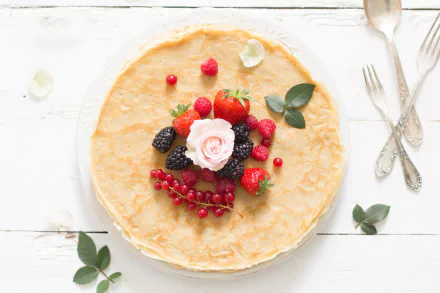 A HD desktop wallpaper featuring a breakfast crêpe topped with fresh strawberries, raspberries, blackberries, currants, and a decorative edible flower on a white background.