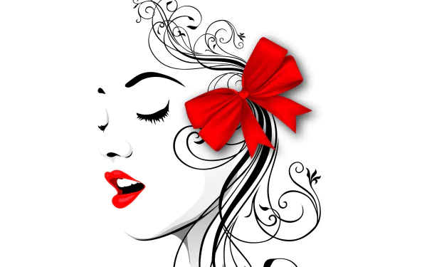 Artistic vector illustration of a serene female face with red lips and a vibrant red bow, designed as a 4K Ultra HD PC desktop wallpaper background.