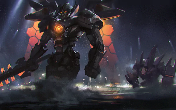 A high-definition desktop wallpaper featuring Mecha Malphite and Aatrox from League of Legends, showcasing a dramatic scene with powerful aesthetics and vibrant lighting.