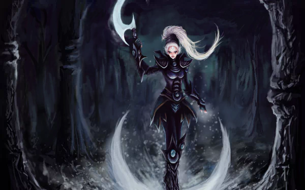 HD desktop wallpaper featuring Diana from League of Legends, posed dramatically with a glowing crescent blade in a shadowy cave.