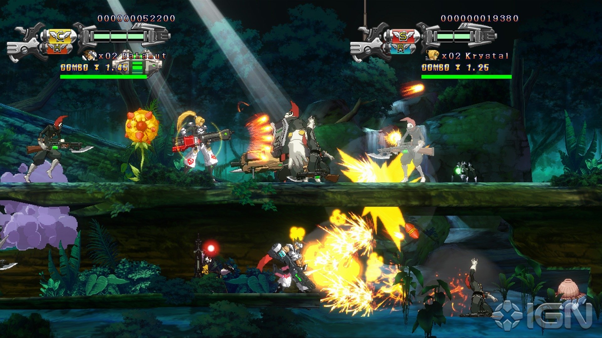 HD desktop wallpaper featuring a dynamic scene from the game Hard Corps: Uprising with characters in combat amidst lush greenery.