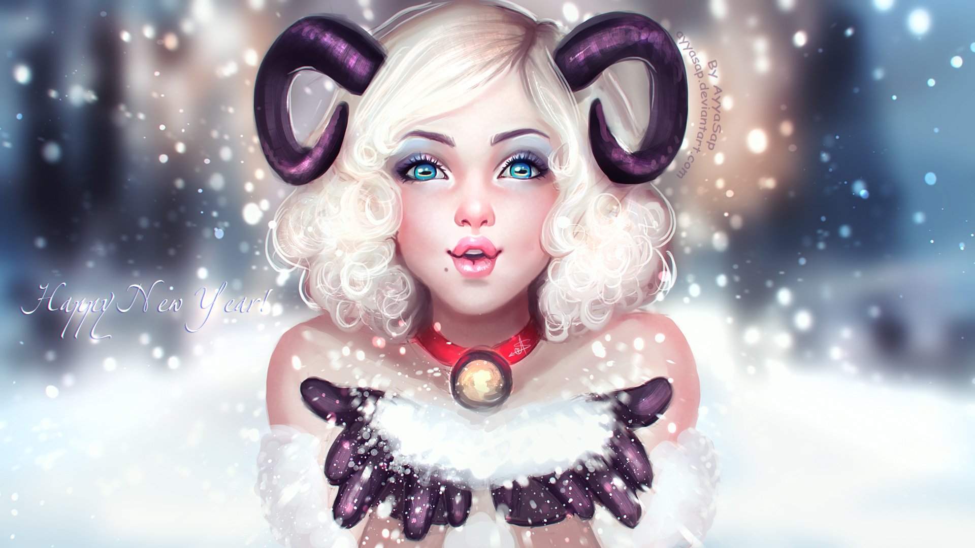 Anime original HD PC desktop wallpaper: close-up of a white-haired ram-horned girl in a fluffy winter outfit, bright blue eyes, pink lips and jeweled choker, snowy bokeh background.