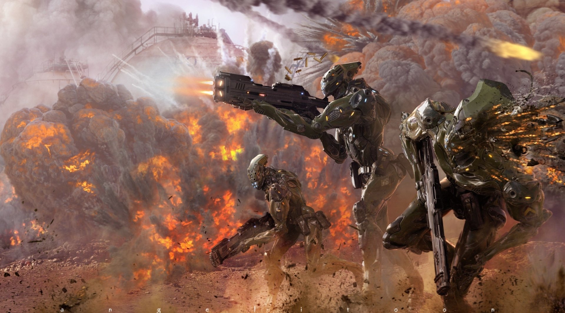 HD desktop wallpaper of robots in a dynamic sci-fi battlefield scene, featuring explosions and dramatic action.