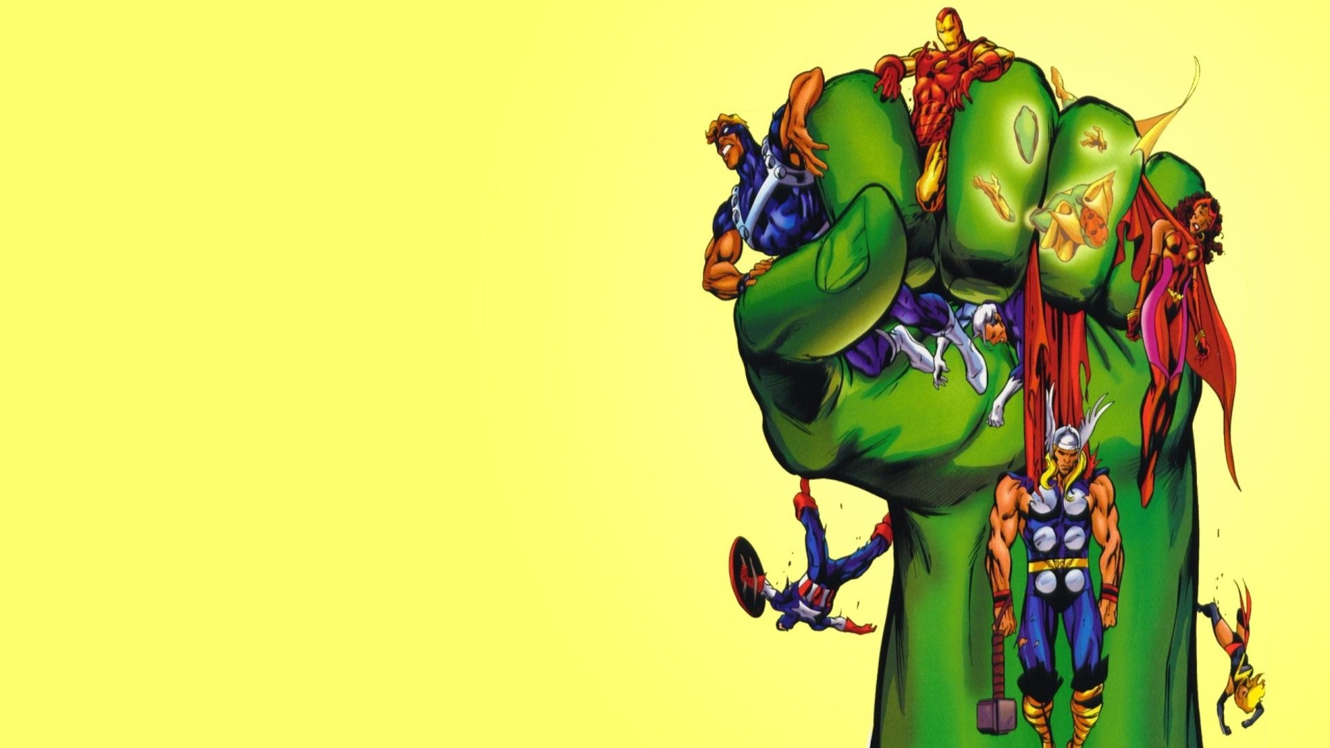 HD desktop wallpaper featuring a vibrant green Hulk fist with Avengers heroes including Vision, Ms. Marvel, Captain America, Thor, Scarlet Witch, and Iron Man perched around it.