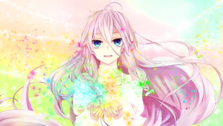 HD PC desktop wallpaper featuring IA from Vocaloid in a vibrant anime style with pastel colors and dynamic flowing hair, capturing her iconic look.