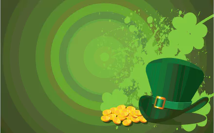 St. Patrick's Day holiday HD PC desktop wallpaper: green concentric rings and shamrocks with a leprechaun hat and a pile of gold coins.