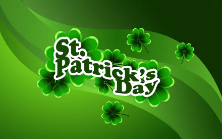 St. Patrick's Day 2K Quad HD PC wallpaper: white St. Patrick's Day text surrounded by green shamrocks on layered green wave background.
