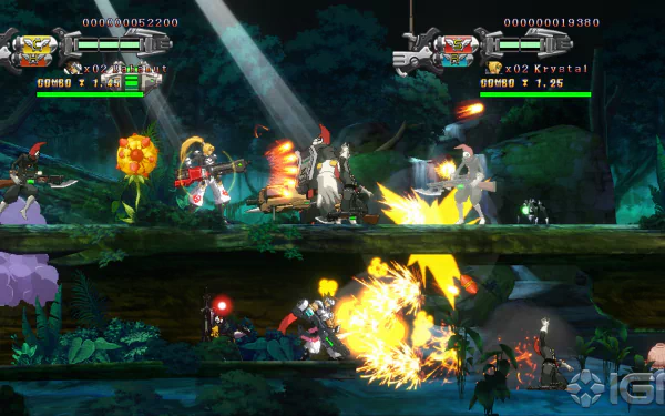 HD desktop wallpaper featuring a dynamic scene from the game Hard Corps: Uprising with characters in combat amidst lush greenery.