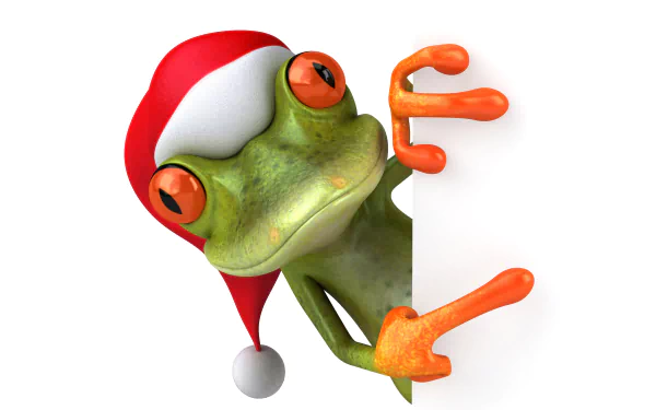 CGI frog in a Santa hat peeks from a white edge — festive animal artwork rendered as a vibrant 5K Ultra HD PC desktop wallpaper.