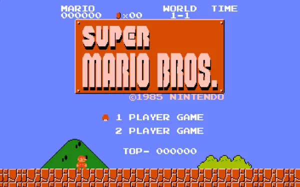 HD wallpaper showcasing the classic video game Super Mario Bros., featuring the iconic title screen with options for one or two players against a vibrant blue background.