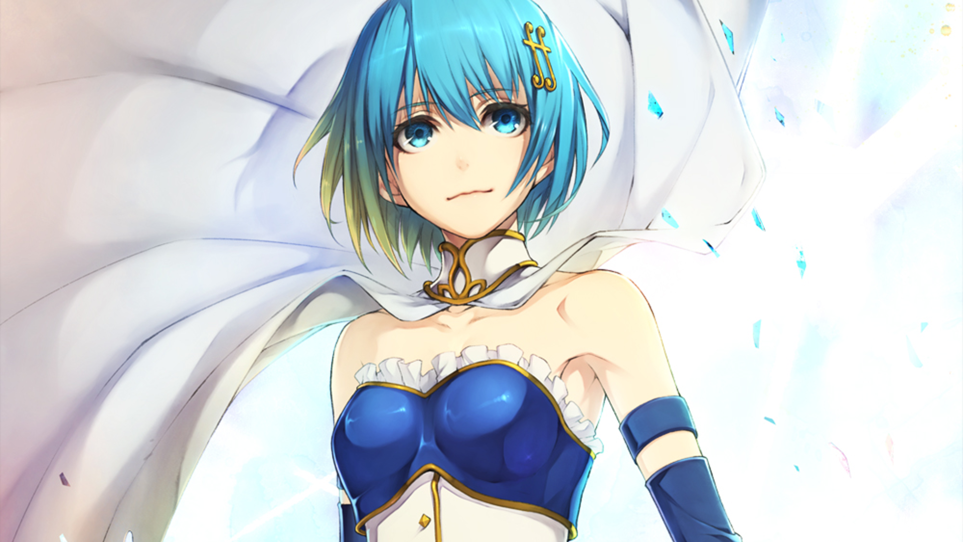 HD anime desktop wallpaper featuring Sayaka Miki from Puella Magi Madoka Magica with a serene expression and blue-themed magical attire.