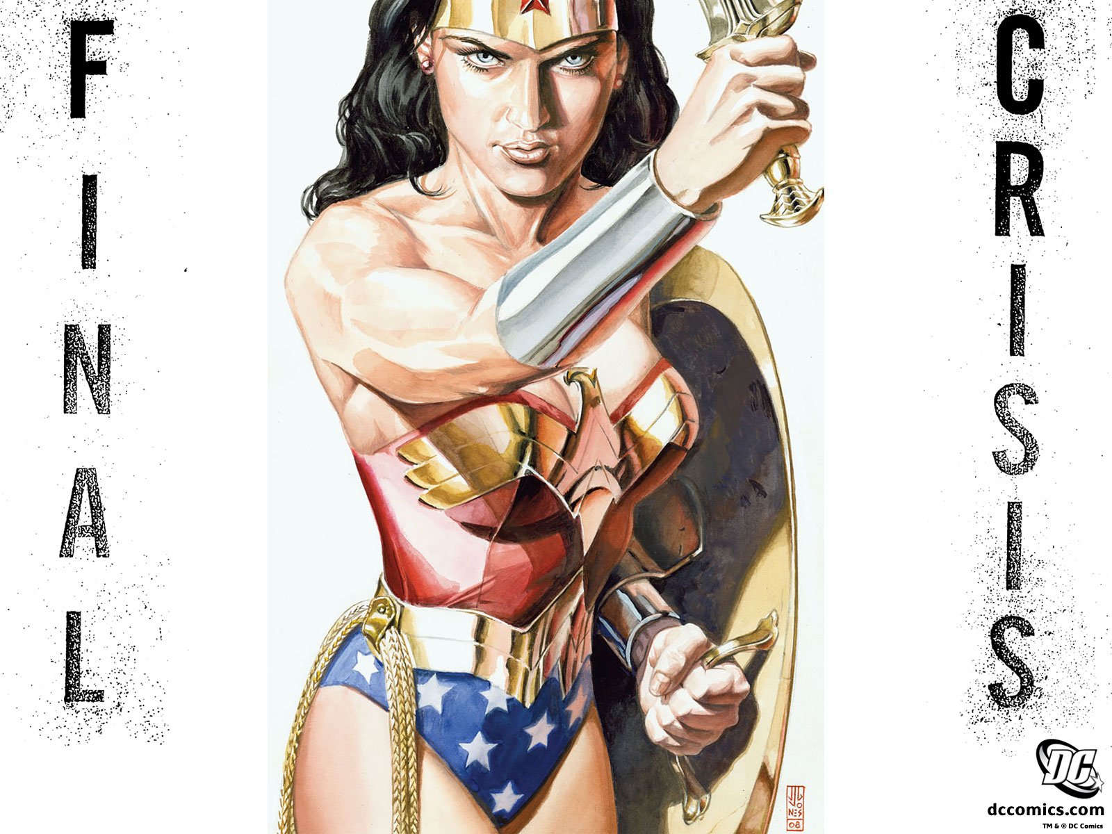 A striking HD desktop wallpaper featuring Wonder Woman, showcasing her in a dynamic pose with her iconic armor and weapons, framed by the text FINAL CRISIS.