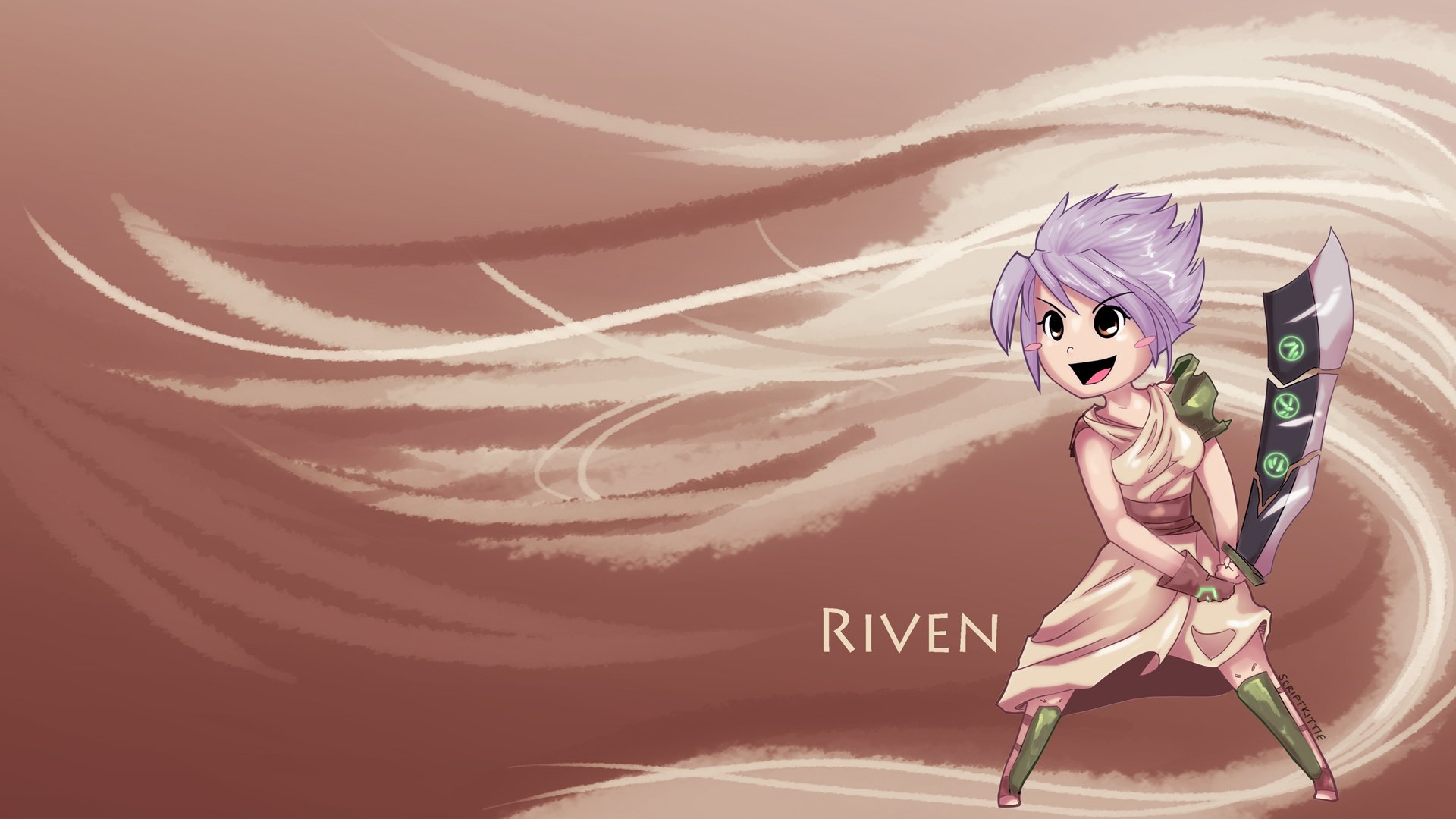 HD PC desktop wallpaper: chibi Riven (League of Legends) brandishing her broken blade against flowing pastel swirls — video game art and League of Legends background.