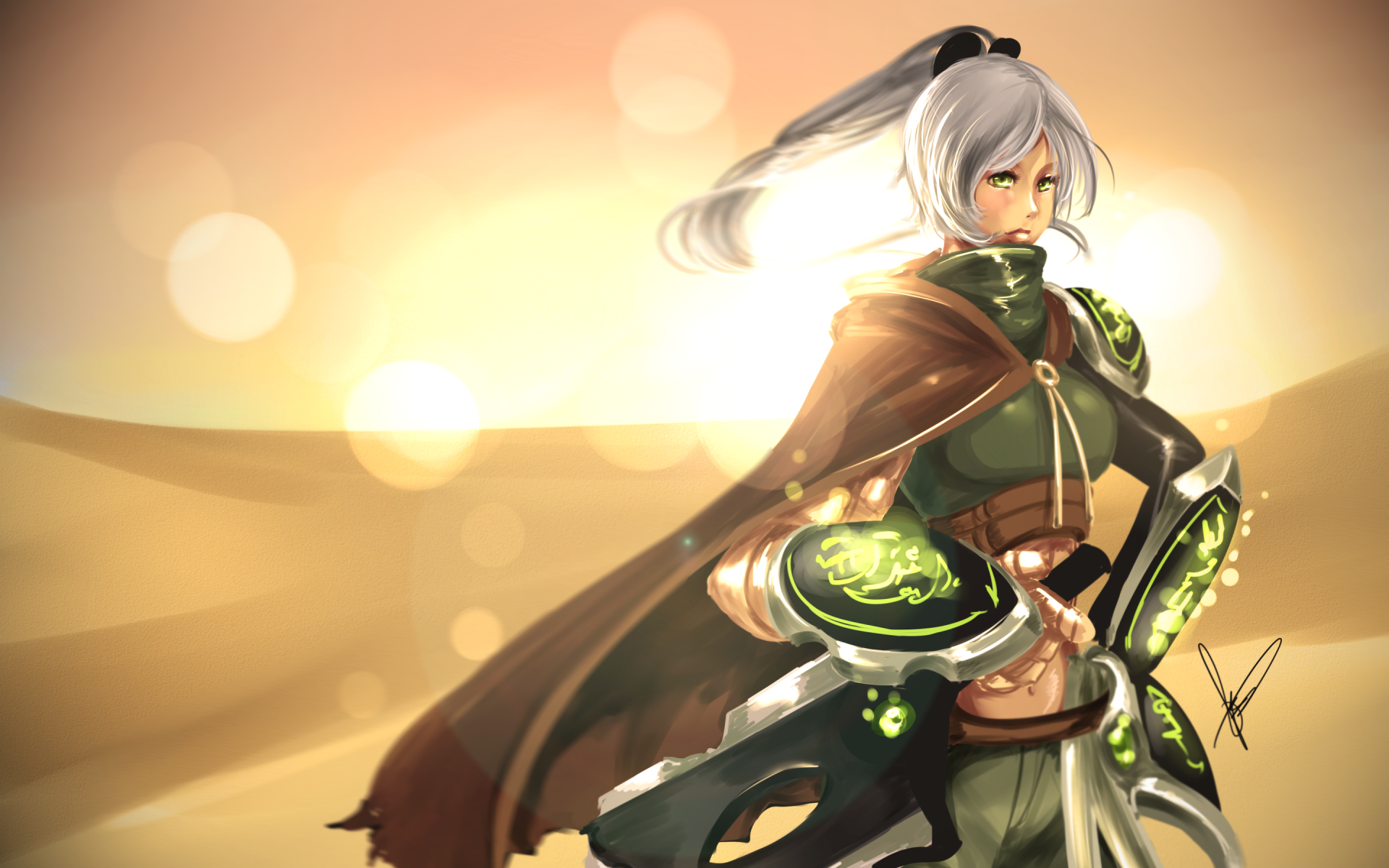 Riven from League of Legends stands in a desert sunset with green-glowing runes on her armor and blade; stylized video game art, 2K Quad HD PC desktop wallpaper.
