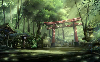 HD desktop wallpaper featuring an anime-style Japanese shrine nestled in a serene forest. Sunlight filters through the leaves, illuminating the temple and red torii gate.