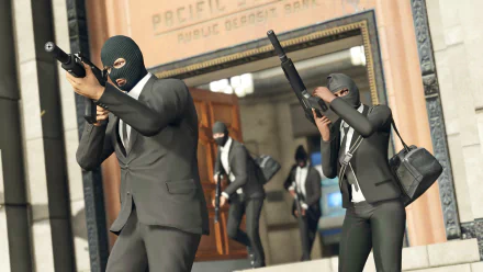 A high-definition wallpaper from Grand Theft Auto V depicting masked characters executing a heist at a bank, armed and ready for action.