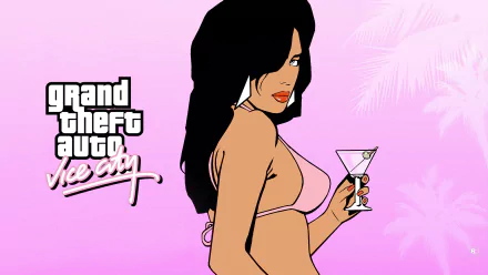 A vibrant HD wallpaper from Grand Theft Auto: Vice City featuring a woman in a bikini holding a cocktail against a tropical backdrop, capturing the essence of the iconic video game.