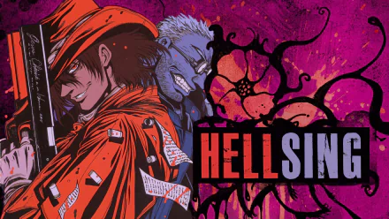 HD wallpaper featuring characters from the anime Hellsing against a vibrant, artistic background, combining dark themes with bold colors and striking design elements.
