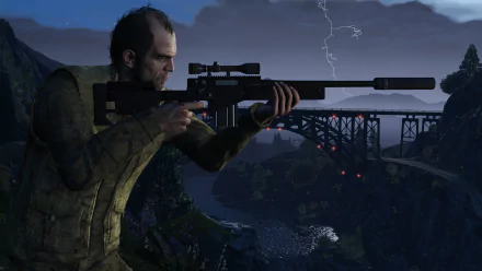 Trevor Philips aims a rifle in this striking HD desktop wallpaper from Grand Theft Auto V, set against a dramatic sky and a bridge silhouette. A captivating video game scene.