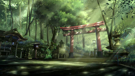 HD desktop wallpaper featuring an anime-style Japanese shrine nestled in a serene forest. Sunlight filters through the leaves, illuminating the temple and red torii gate.