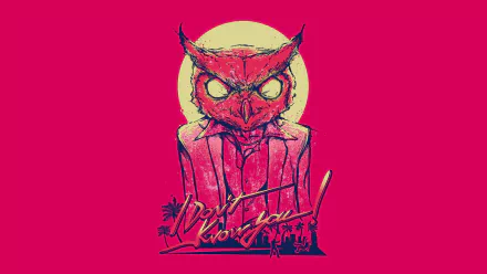 HD desktop wallpaper featuring an illustrated owl character in a suit from the video game Hotline Miami, set against a vibrant pink background.