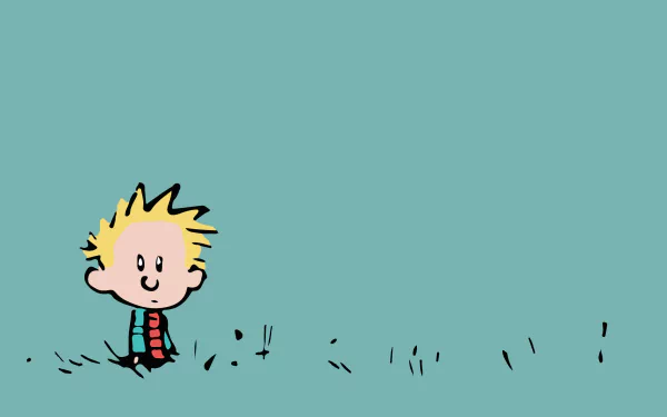 Calvin (Calvin & Hobbes) comic-style: blond boy standing on a teal field, minimalist 4K Ultra HD PC desktop wallpaper/background.