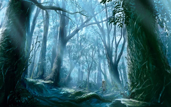 HD desktop wallpaper featuring Ginko from Mushishi, wandering through a serene, mystical forest bathed in soft blue light. The anime artwork captures an ethereal and tranquil atmosphere.