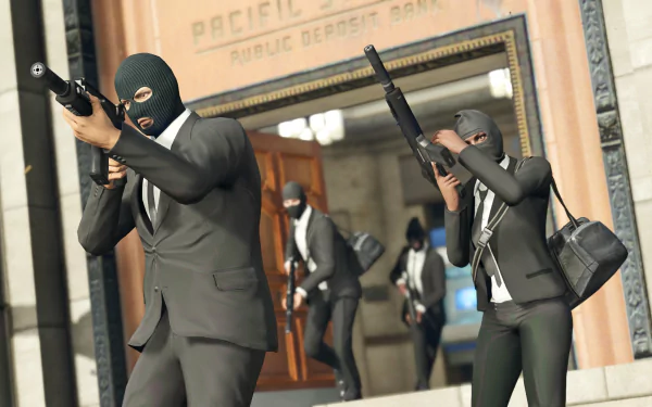 A high-definition wallpaper from Grand Theft Auto V depicting masked characters executing a heist at a bank, armed and ready for action.