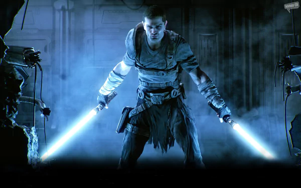 HD PC desktop wallpaper featuring a character wielding dual lightsabers from the video game Star Wars: The Force Unleashed II in a dark, atmospheric setting.