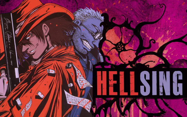 HD wallpaper featuring characters from the anime Hellsing against a vibrant, artistic background, combining dark themes with bold colors and striking design elements.
