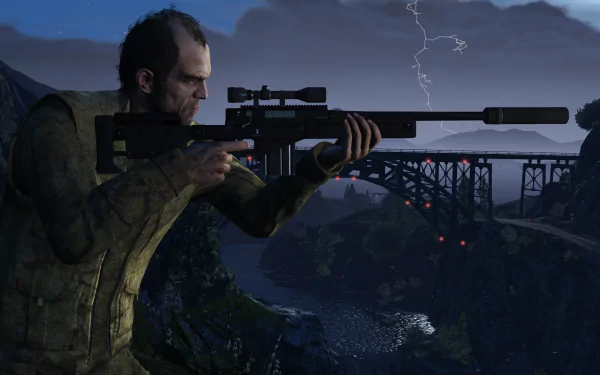 Trevor Philips aims a rifle in this striking HD desktop wallpaper from Grand Theft Auto V, set against a dramatic sky and a bridge silhouette. A captivating video game scene.