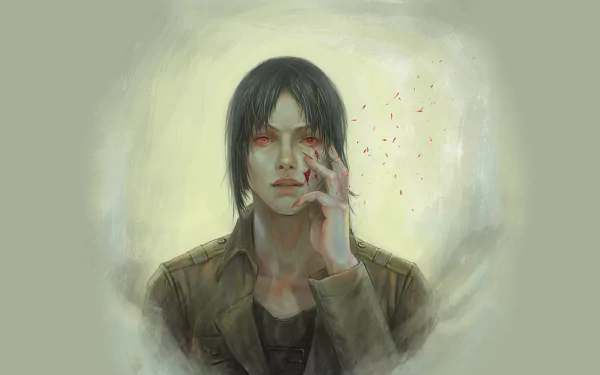 HD PC desktop wallpaper featuring Ymir from Attack on Titan in an anime-style portrait with a muted color palette and subtle glowing red eyes.