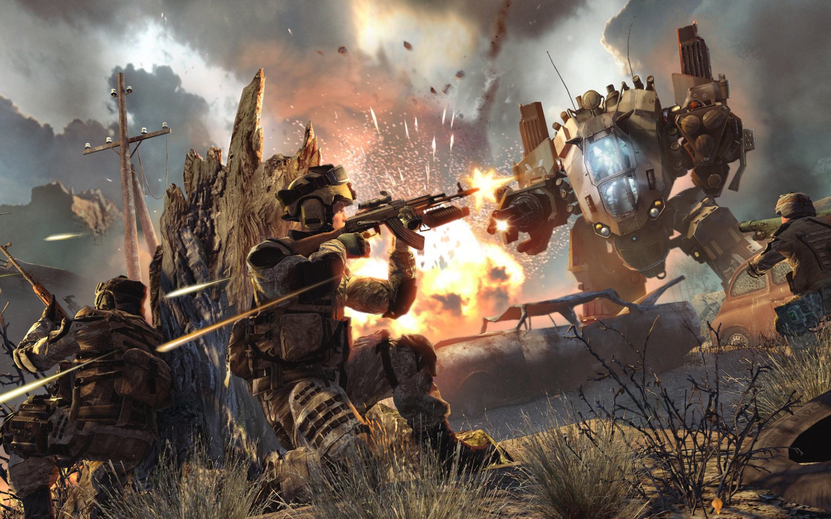 HD desktop wallpaper of the video game Warface showing intense combat with soldiers and a mech in a battlefield engulfed in explosions and smoke.