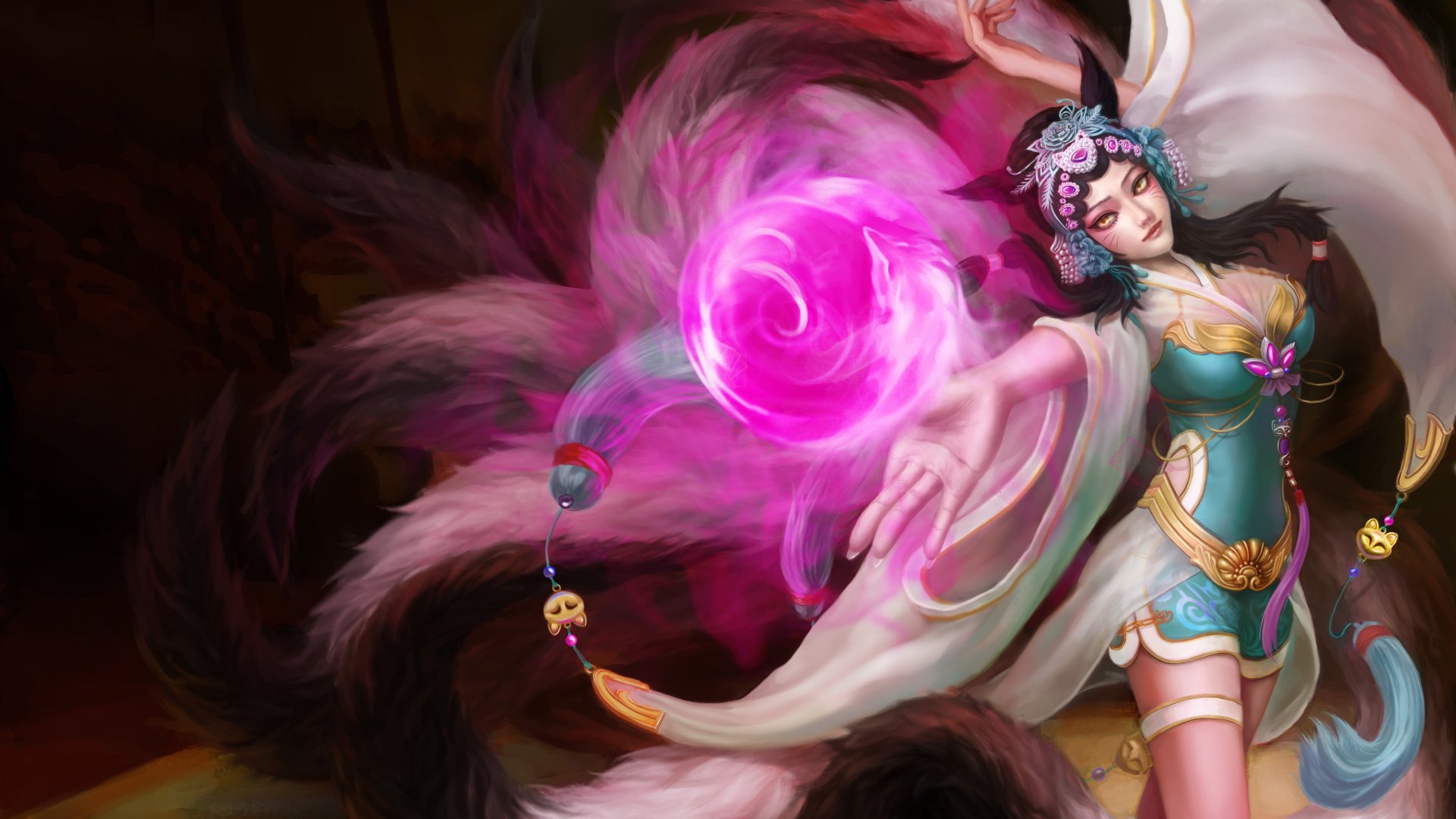 A vibrant 4K Ultra HD wallpaper featuring Ahri from League of Legends, showcasing her magical abilities with swirling pink energy and a captivating pose.