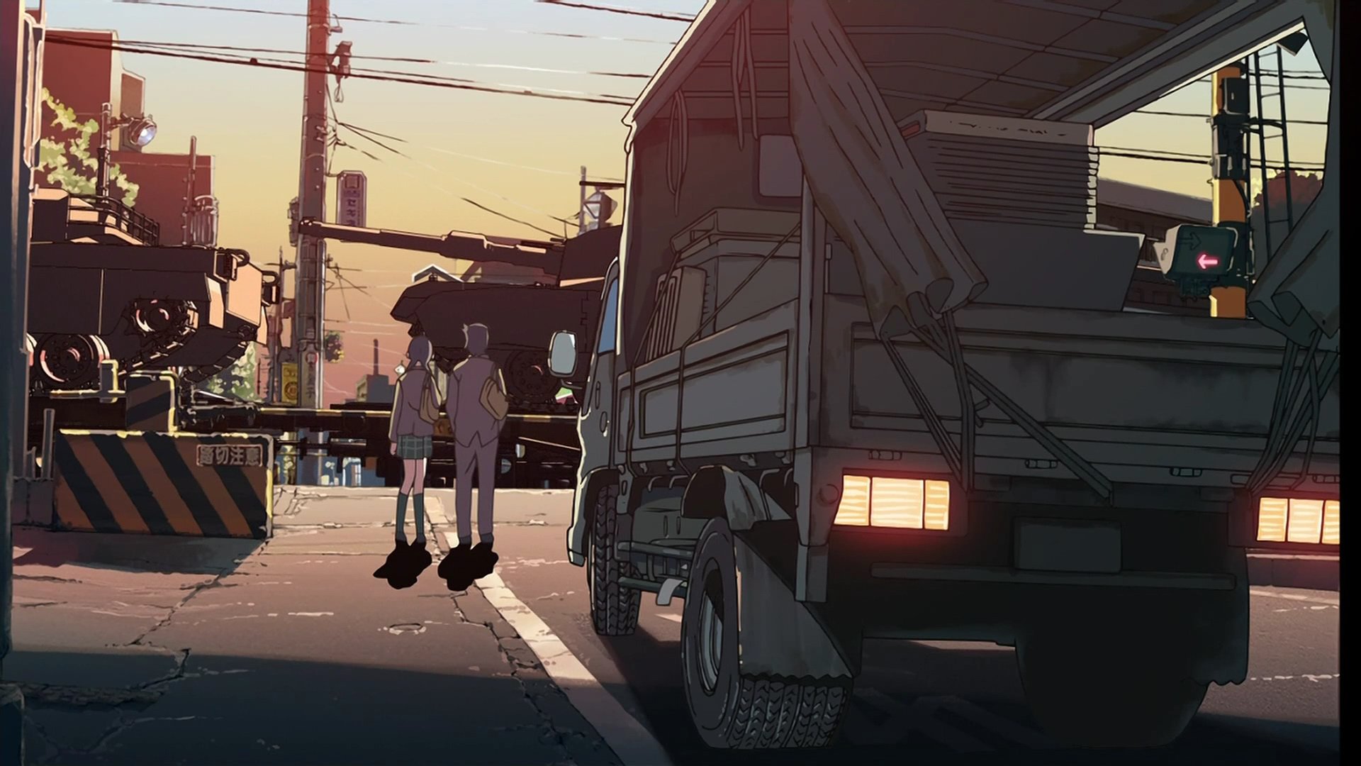 Anime scene from The Place Promised In Our Early Days showing two characters standing on a street at sunset beside a parked truck, rendered as an HD PC desktop wallpaper.