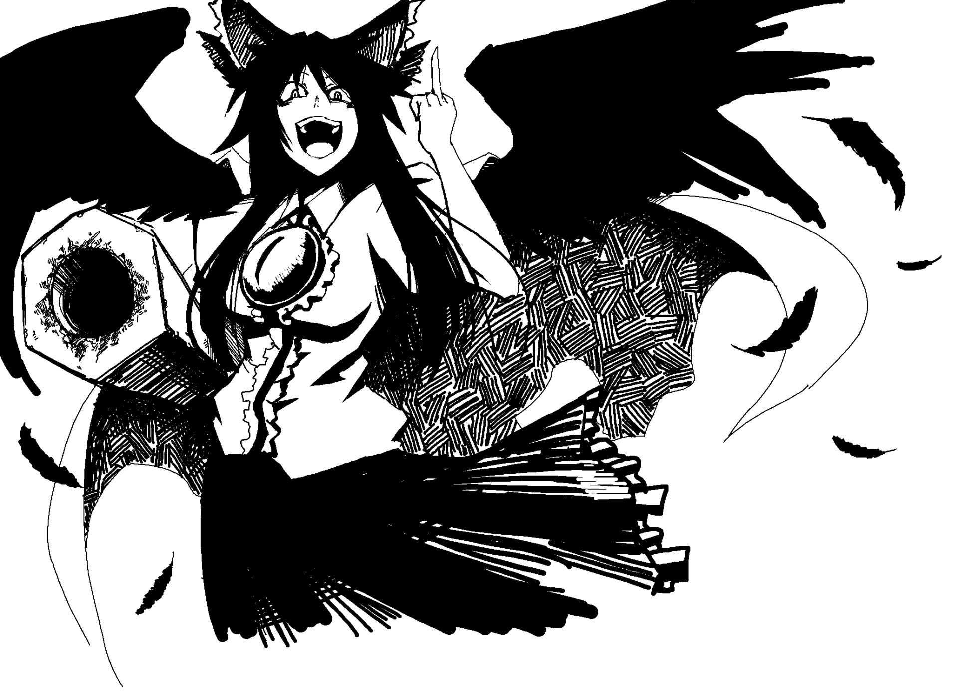 Monochrome high-contrast anime illustration of Utsuho Reiuji (Touhou) with outstretched wings and dynamic ink strokes — HD PC desktop wallpaper and background.