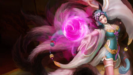 A vibrant 4K Ultra HD wallpaper featuring Ahri from League of Legends, showcasing her magical abilities with swirling pink energy and a captivating pose.