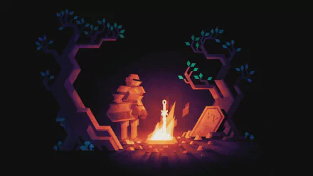 Fantasy-themed HD PC desktop wallpaper depicting a pixel art knight sitting by a campfire between two stylized trees in a dark, mystical forest setting.