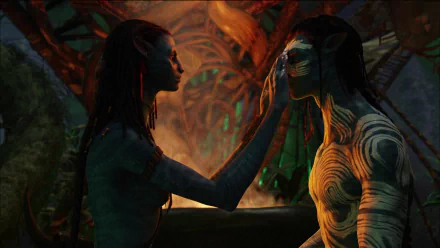 HD PC desktop wallpaper featuring a touching scene from the movie Avatar, showcasing two Na'vi characters in an intimate, glowing forest setting.
