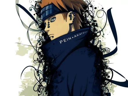 HD image of Pain from Naruto, featuring his Rinnegan eyes and Akatsuki attire, designed as a desktop wallpaper with artistic elements and abstract graphics.