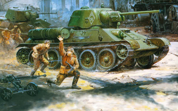 A dramatic depiction of a T-34 tank in a war scene, showcasing soldiers in action. This 4K Ultra HD image serves as a striking military-themed desktop wallpaper.