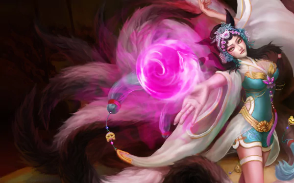 A vibrant 4K Ultra HD wallpaper featuring Ahri from League of Legends, showcasing her magical abilities with swirling pink energy and a captivating pose.