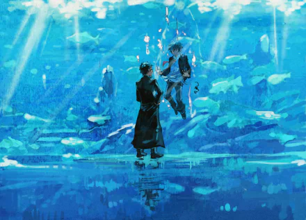 Underwater scene featuring twins Yukio and Rin Okumura from the anime Blue Exorcist, surrounded by fish and vibrant blue hues, serving as a stunning HD desktop wallpaper.